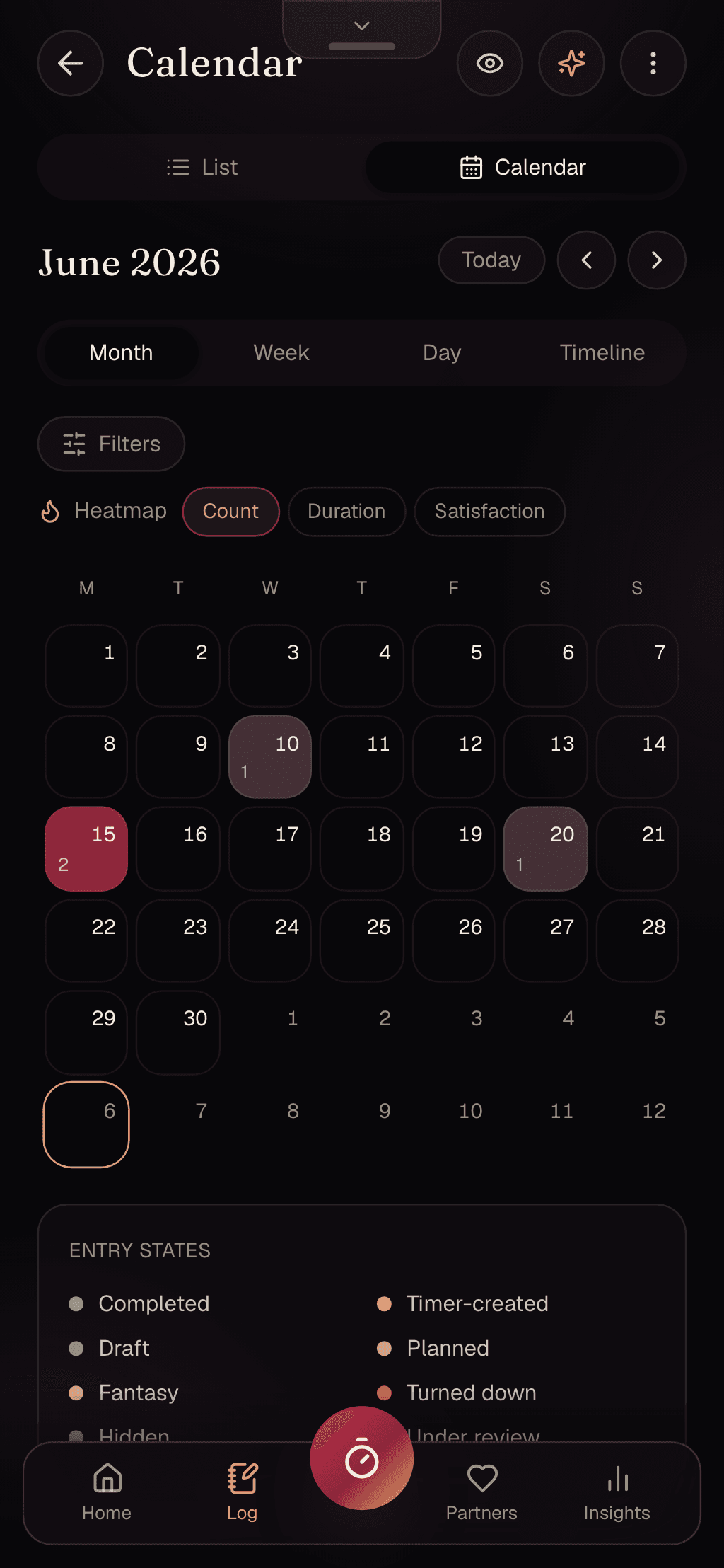 The Fervra calendar — a private month heat-map of your activity.